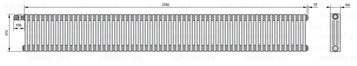 Схема (чертеж) Радиатор Zehnder Charleston 3057/60 №V011 Technoline TL